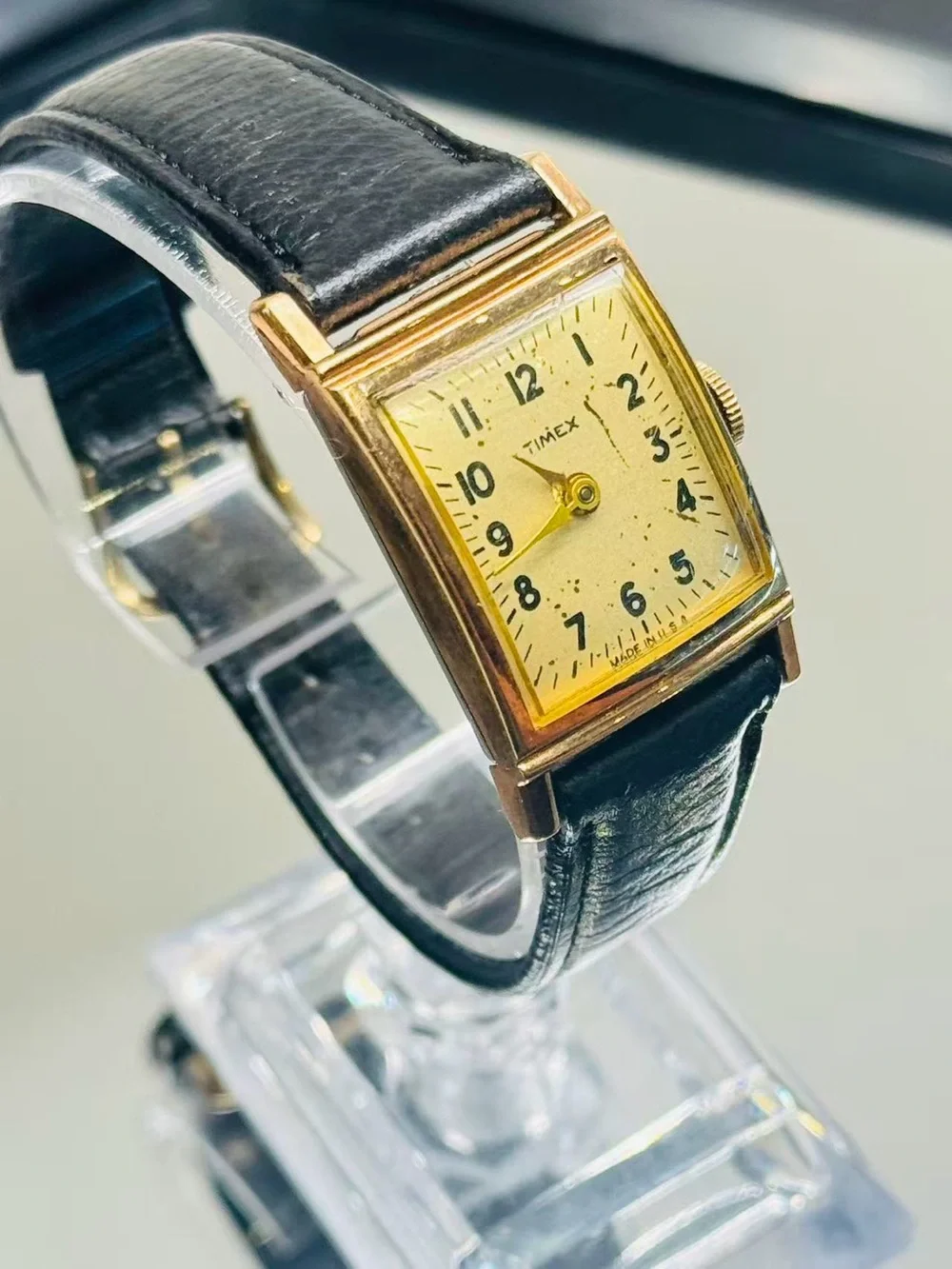 Vintage Timex Ladies Manual Wind Gold Tone Rectangular Watch Black Strap Running